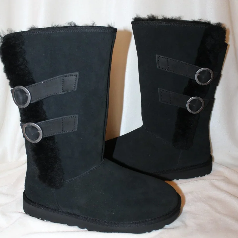 NIB UGG WOMEN'S TALL MOTO SUEDE SPILL SEAM SHEARLING BUCKLE BOOTS BLACK